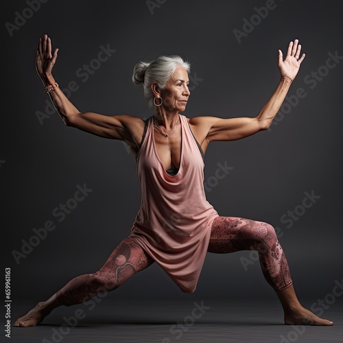 Retired Old Woman Demonstrating Yoga Pose in Fitness Concept