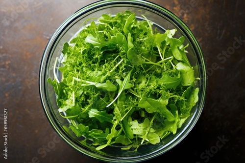 top-down view of a fresh green salad in a glass bowl