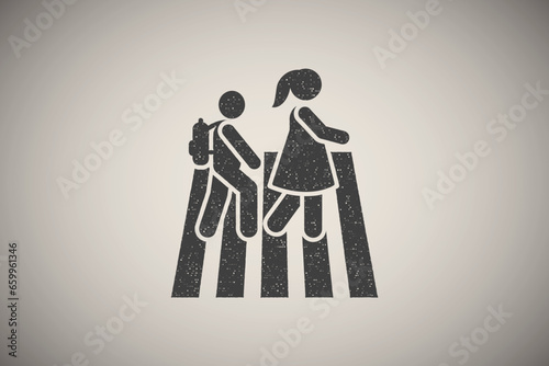 Mother boy student walk school pictogram icon vector illustration in stamp style