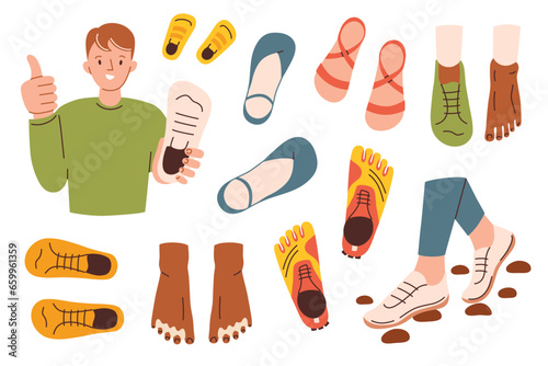 Comfortable ergonomic shoes collection, hand drawn minimalist shoes for men and women, sneakers doodle icons, vector illustrations of different footwear, isolated colored clipart on white background