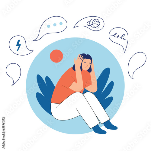 Woman in stress, holding head with hands, psychological help illustration, shield from negative thoughts and fears, vector composition with depressed girl, harmony and relaxation concept, mental guard