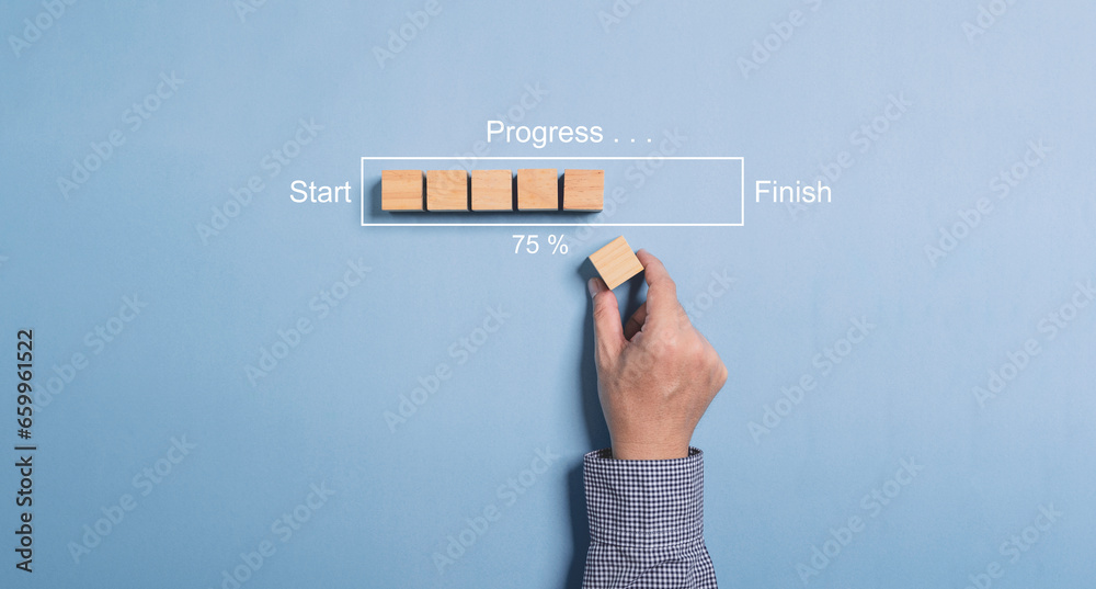 Hand putting wooden cube on virtual infographic rectangle block with progress wording and update status since start to finish fpr Job progressive concept. - obrazy, fototapety, plakaty 