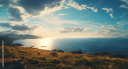 Wide view from mountain of ocean. Blue-sky, sunset. Background concept. © AllistairBot/Peopleimages - AI