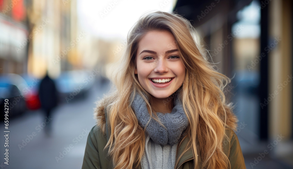 portrait of a woman with blonde long hair in the city