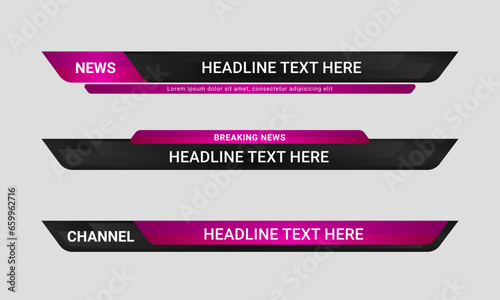 Set of broadcast news lower third banner templates for Television, Video and Media Channels. Futuristic headline bar layout design vector