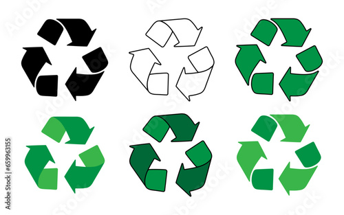 Recycling icon set. Infinitely rotating arrow. Recycled reuse concept. Recycling symbol sign. Vector recycle and rotation arrow icons set. Universal recycling symbol. Three chasing arrows.