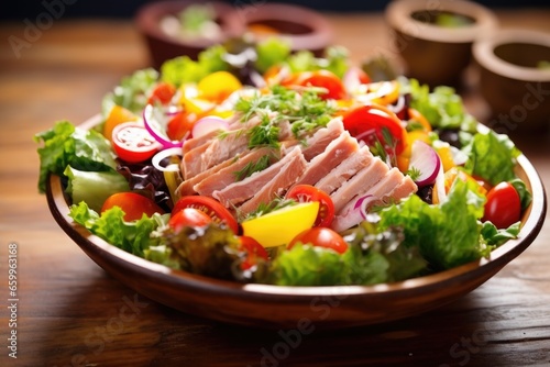 close-up of a fresh vegetable salad with lean meats