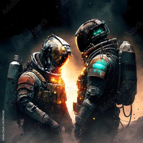 2 men in dead space suit scalvaging space wreck 