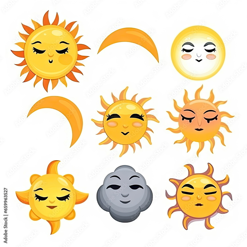 Sun and moon emoji set, white background Sun and moon emoji set, white background