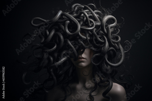Culture and religious, fine art and make-up concept. Abstract Medusa woman portrait with snakes hair hiding in shadows. Mythical creature portrait. Dark mysterious mood. Generative AI