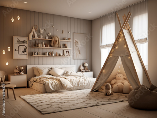 Balanced interior design for a beige kid room. AI Generation.