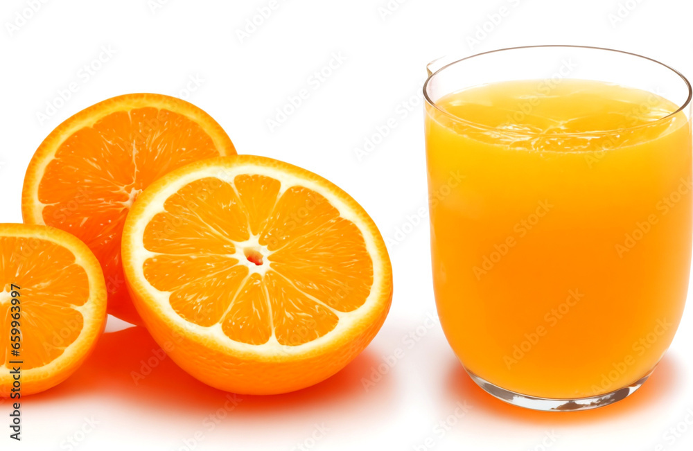 Sliced oranges and a glass with orange juice on white background Sliced oranges and a glass with orange juice on white background