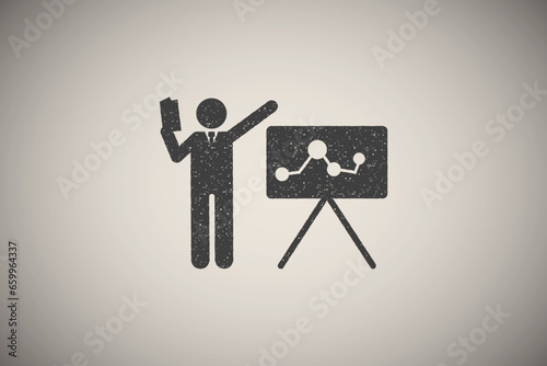 Businessman book training explain icon vector illustration in stamp style