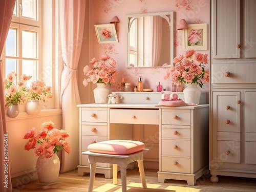 Soft hues and cozy furniture define a Provence child room s interior. AI Generation.