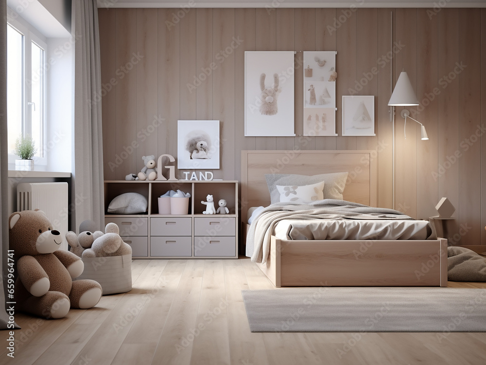 Obraz premium Natural wood child room design with kid-friendly charm. AI Generation.