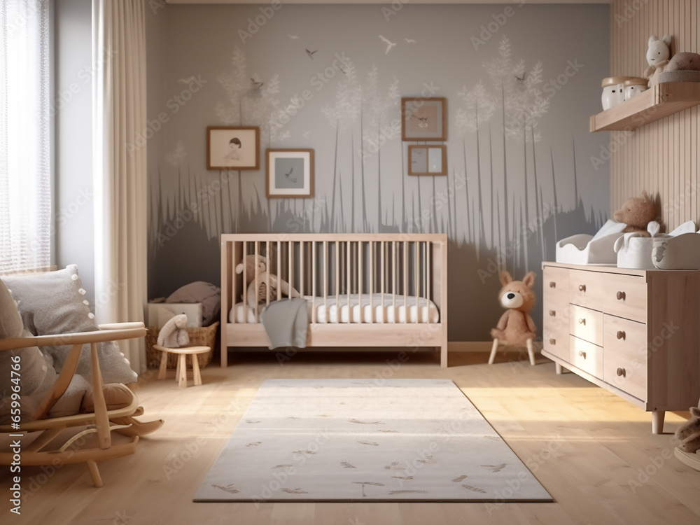 Kid-friendly space with wood interior in child room. AI Generation. Kid-friendly space with wood interior in child room. AI Generation.