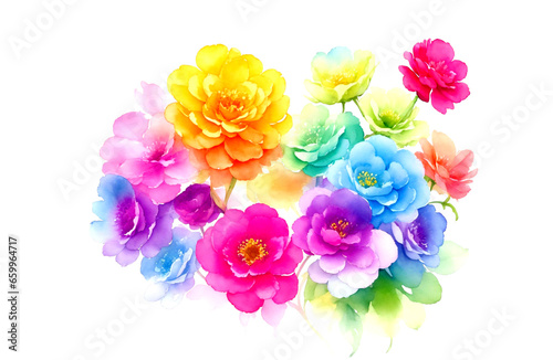 Multiwatercolor gradient rainbow flowers over white background