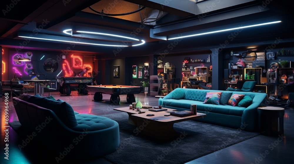 A basement entertainment space illuminated by neon lights against dark walls.