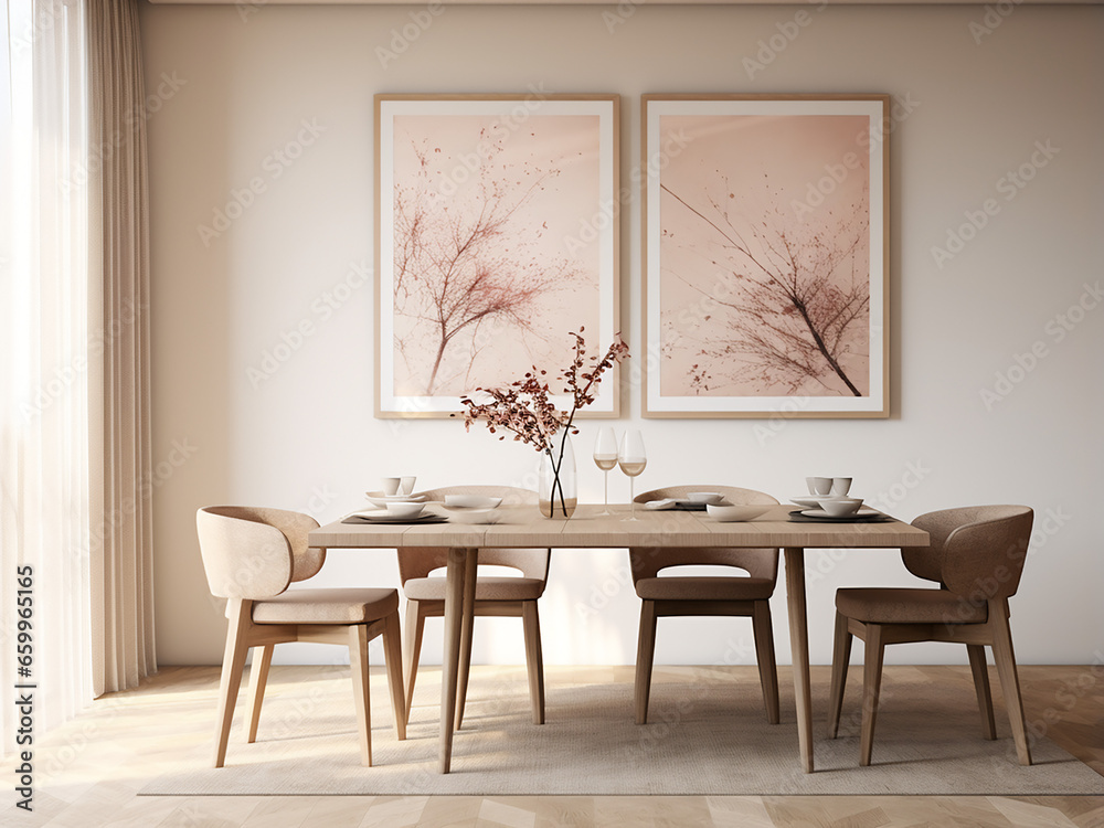 Classic beige dining room, charming furniture arrangement. AI Generation. Classic beige dining room, charming furniture arrangement. AI Generation.
