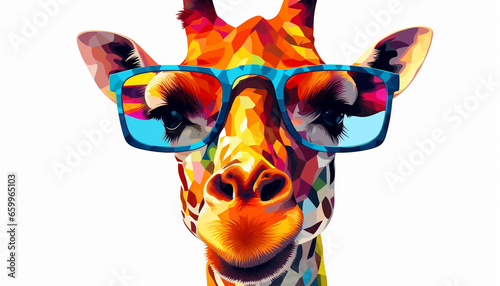 Cartoon colorful giraffe with sunglasses on white