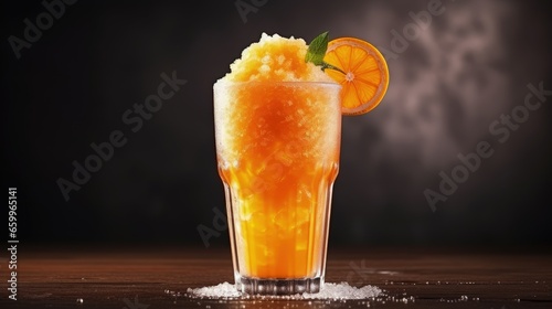 Orange Granizado in tall clear glass. Spanish Refreshing summer iced drink. Slushie fruit drink. Sweet Shaved ice. photo