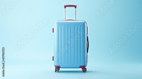 Blue suitcase on pastel blue background. minimal travel concept