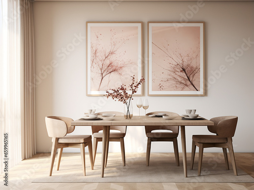 Classic beige dining room, charming furniture arrangement. AI Generation.