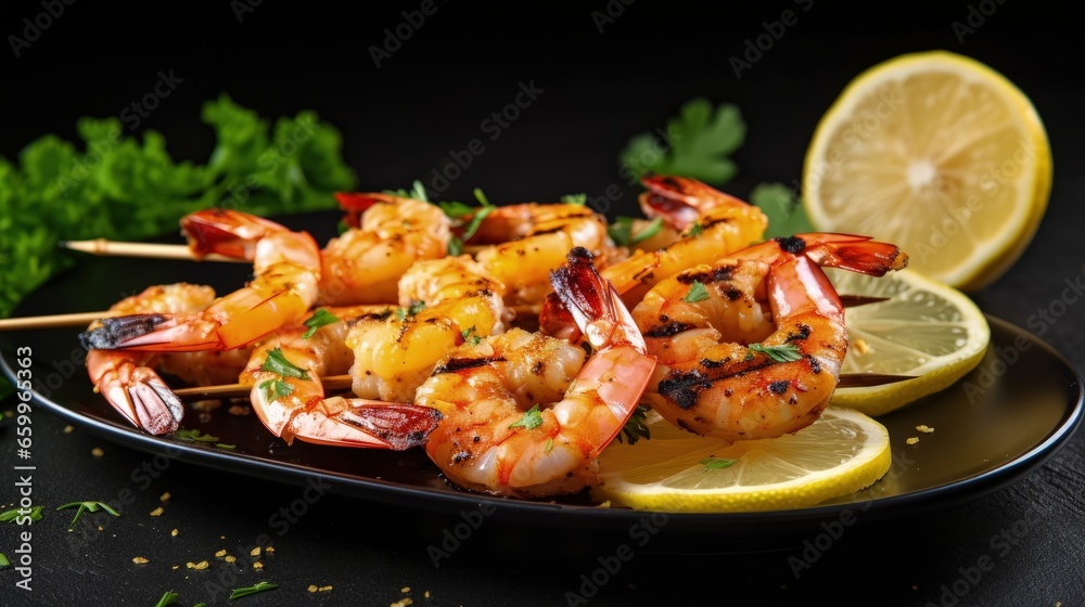 Grilled shrimps on skewers with lemon and garlic. Seafood. On a stone background.