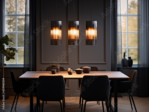 Aesthetic black dining room interior with elegant furniture. AI Generation.