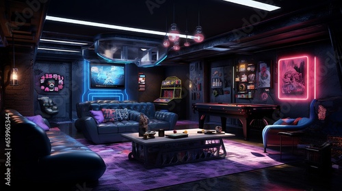 A basement entertainment space illuminated by neon lights against dark walls.