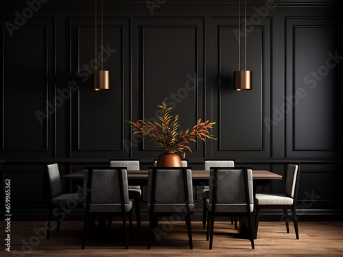 Contemporary design elements enhance the black dining room's furniture. AI Generation. © Llama-World-studio