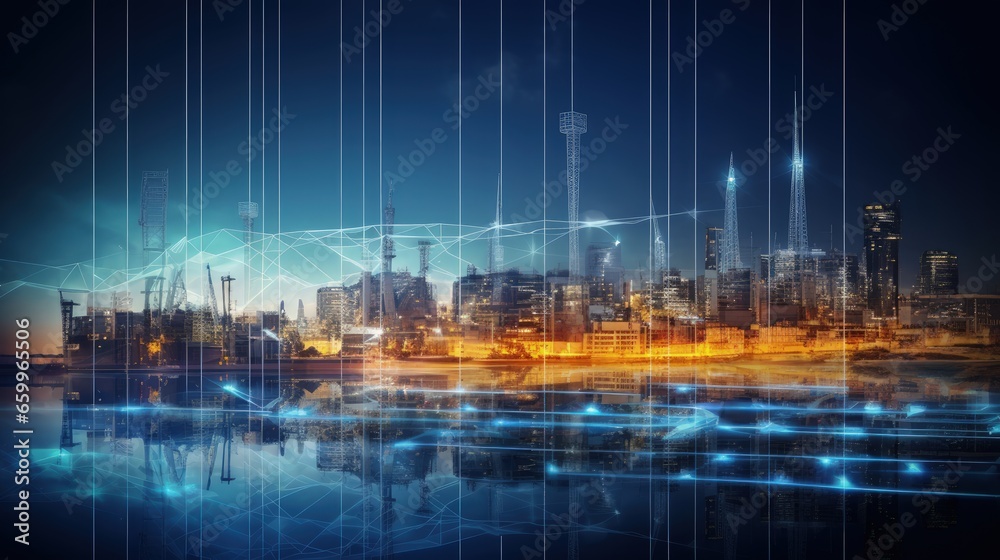 market stock graph and information with city light and electricity and energy facility industry and business background market stock graph and information with city light and electricity and energy facility industry and business background