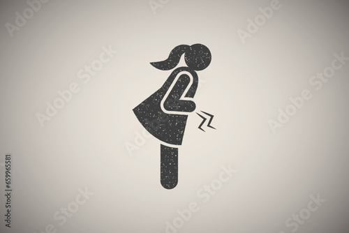 Girl, cramp, pain, painful, stomach icon vector illustration in stamp style