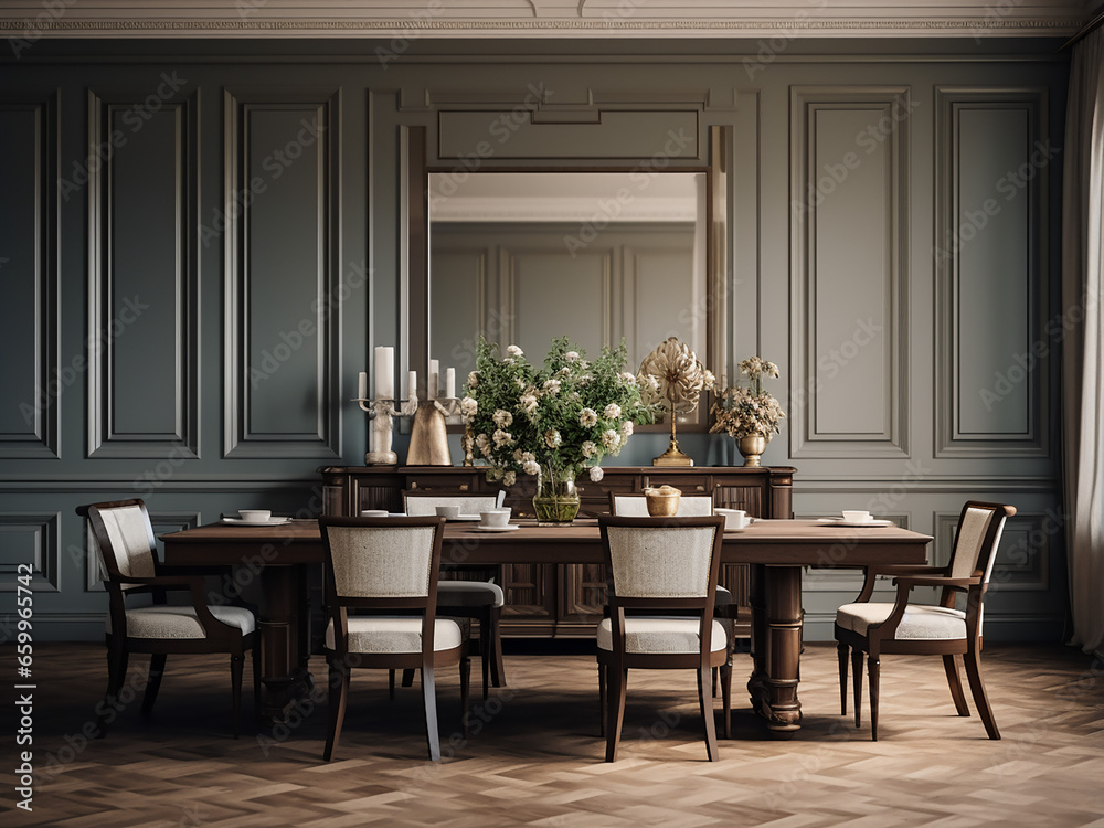 Classic dining room showcases timeless interior design. AI Generation.