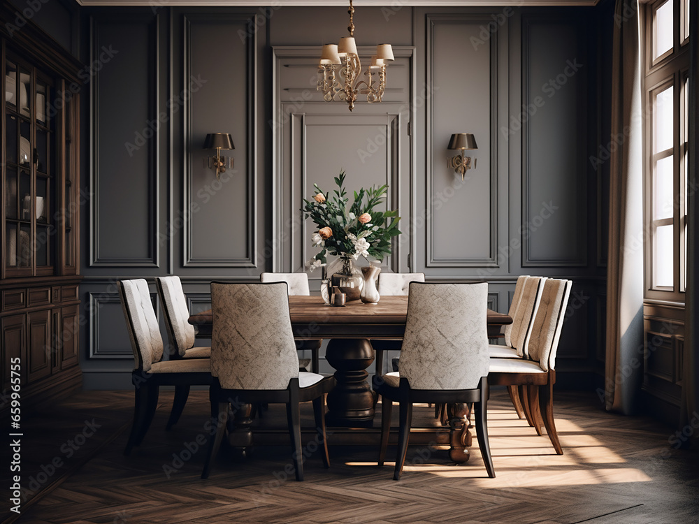 Iconic elements blend seamlessly in classic dining room. AI Generation.