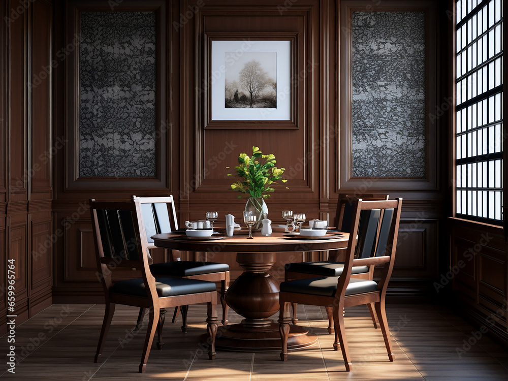 Exquisite furniture enhances classic dining room's charm. AI Generation. Exquisite furniture enhances classic dining room's charm. AI Generation.