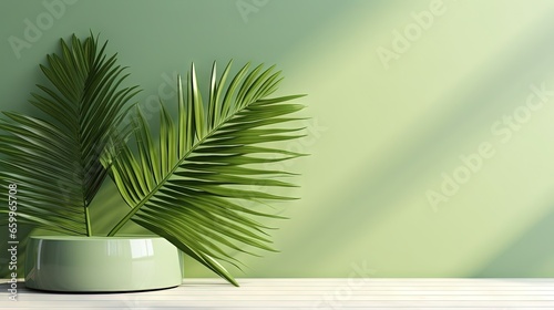 Modern, minimal blank matte paint texture green wall with tropical tree in sunlight, leaf shadow for luxury fresh organic cosmetic, skin care, beauty treatment summer product display background 3D © HN Works