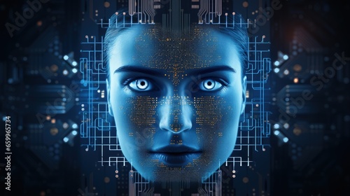 Deep Learning concept  human face on processor chip between digital rays on blue background.