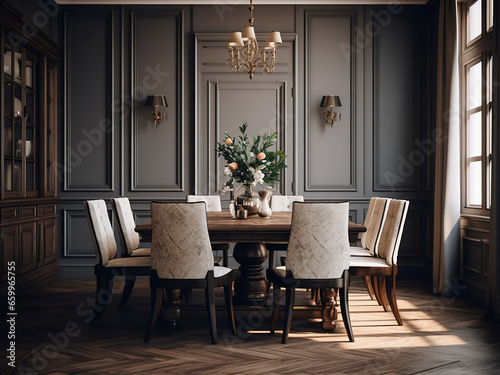 Iconic elements blend seamlessly in classic dining room. AI Generation. © Llama-World-studio