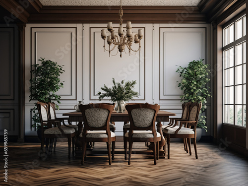 Classic furniture lends character to dining room's design. AI Generation.