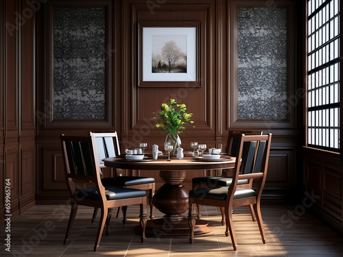 Exquisite furniture enhances classic dining room s charm. AI Generation.