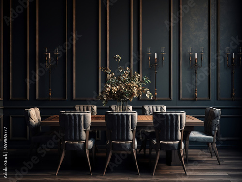 Elegant dark wood dining room with exquisite furniture. AI Generation. © Llama-World-studio