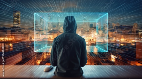 The double exposure image of the hacker using a laptop overlay with binary code image and blurred cityscape is backdrop. the concept of cyber attack, virus, malware, and cyber security.