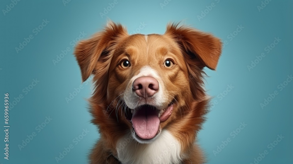 Beautiful nova scotia duck tolling retriever dog isolated on a blue turquoise background. dog studio portrait. front view .