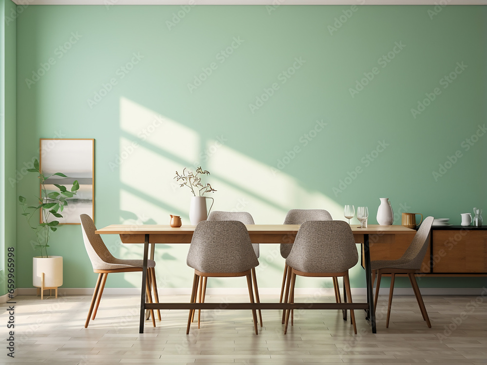 Aesthetic interior design for a vibrant green dining room. AI Generation.