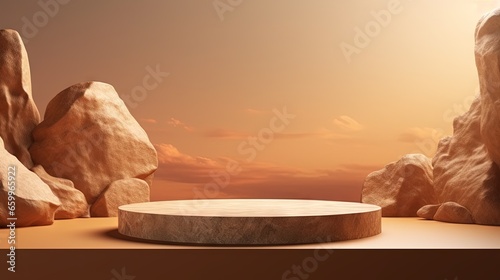 3D podium stone display on brown background. Beige rock, cosmetic beauty product promotion pedestal with sun shadow. Nature landscape showcase. Abstract minimal studio 3D render