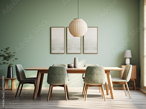 Chic design for a calming green dining area. AI Generation.