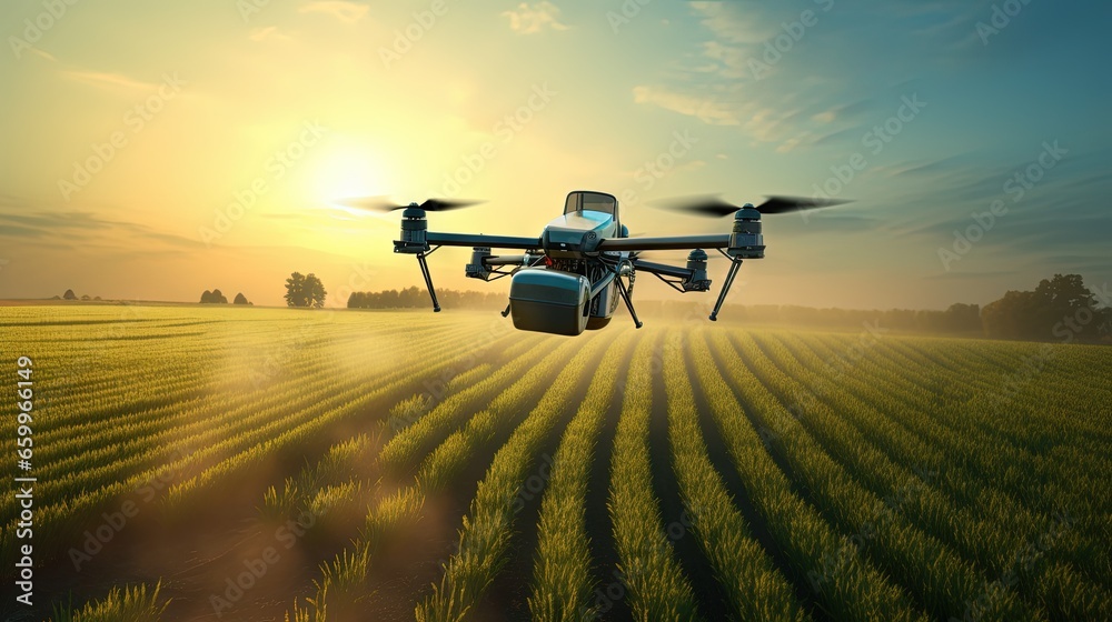 Agriculture drone flying and spraying fertilizer and pesticide over farmland,High technology innovations and smart farming - obrazy, fototapety, plakaty 