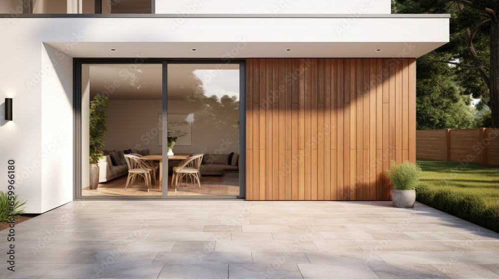 New house with wooden door and empty white signage. 3d rendering of large patio in modern home. - obrazy, fototapety, plakaty 
