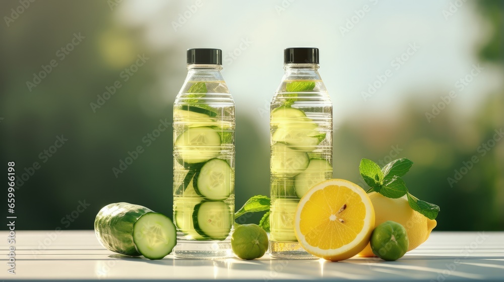 Lemon, cucumber and mint water in glass bottles. Sassy water for detox or dieting with fitness dumbbells in the background. Healthy eating, weight loss, lifestyle concept Lemon, cucumber and mint water in glass bottles. Sassy water for detox or dieting with fitness dumbbells in the background. Healthy eating, weight loss, lifestyle concept